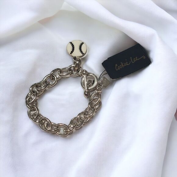 Cookie Lee Charm Bracelet Enamel Baseball Silver Tone Chain Link Toggle Clasp 8" - Picture 1 of 3